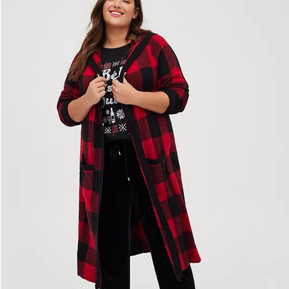 Torrid NWOT Hooded Cardigan Plaid Red Size 2X Buffalo Plaid Longline Pockets - Picture 3 of 8